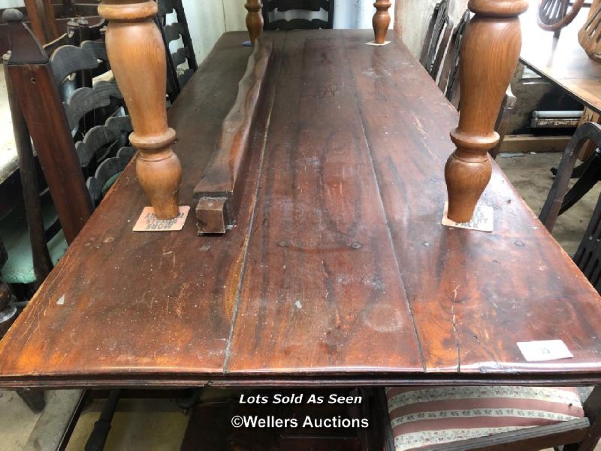 LARGE FAMILY DINING TABLE ON HUGE FEET, 93 X 36 X 30 INCHES / LOCATED AT VICTORIA ANTIQUES, - Image 2 of 3