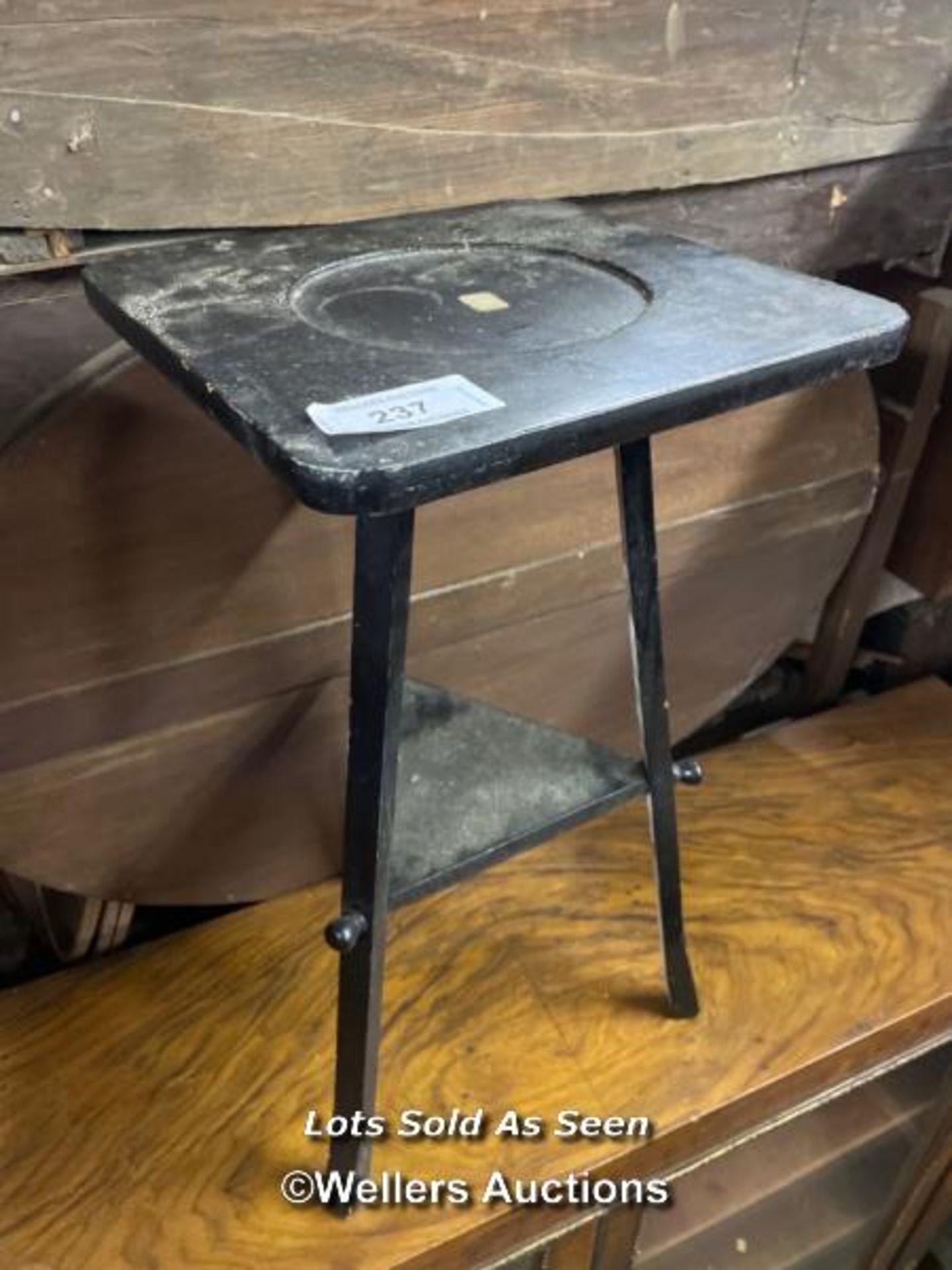 SMALL EBONISED POT STAND, 11 X 11 X 22 INCHES / LOCATED AT VICTORIA ANTIQUES, WADEBRIDGE, PL27 7DD
