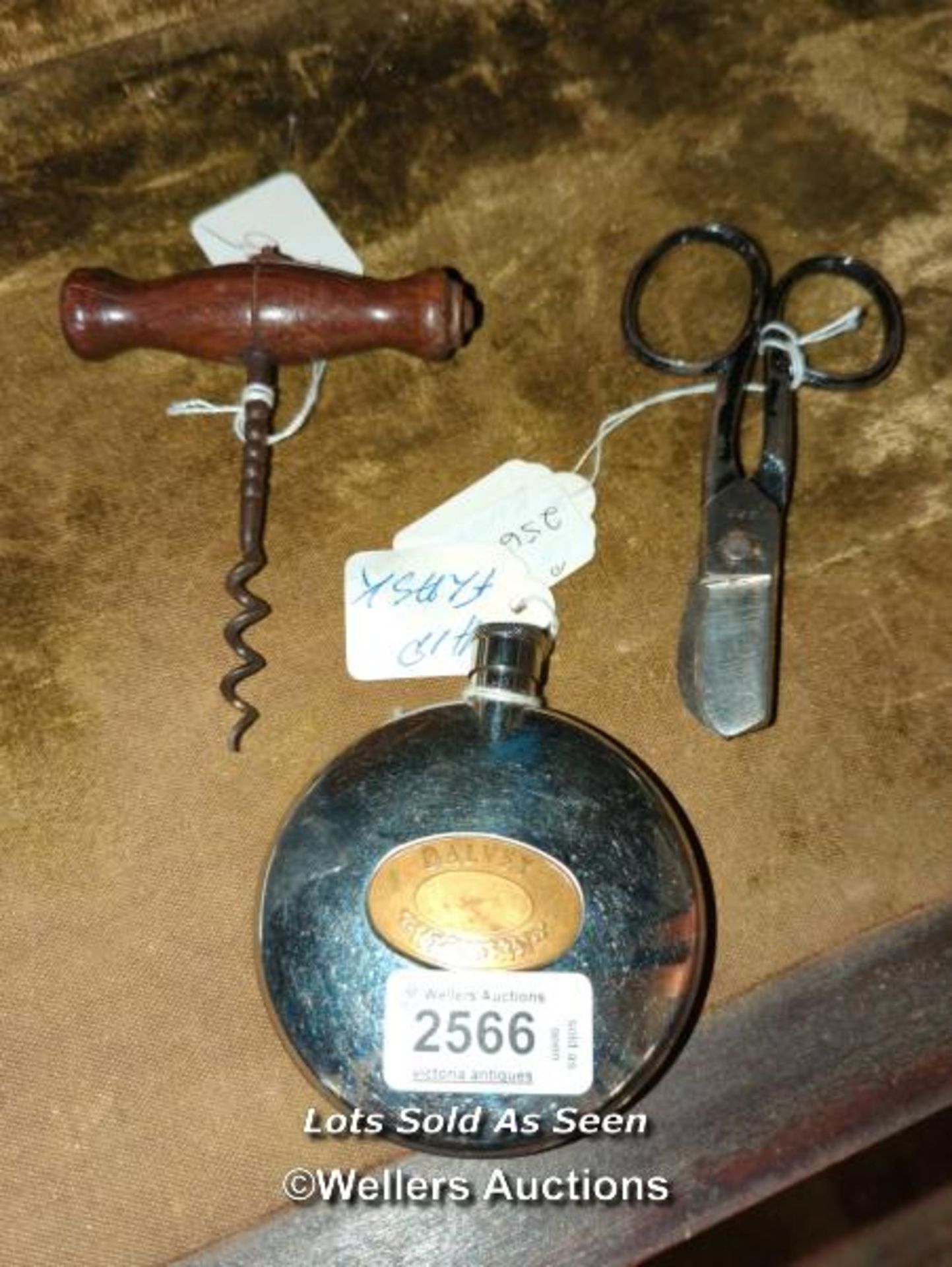 *ANTIQUE CORKSCREW, WIRE CUTTERS, GRANTS OF DALVEY HIP FLASK / LOCATED AT VICTORIA ANTIQUES,