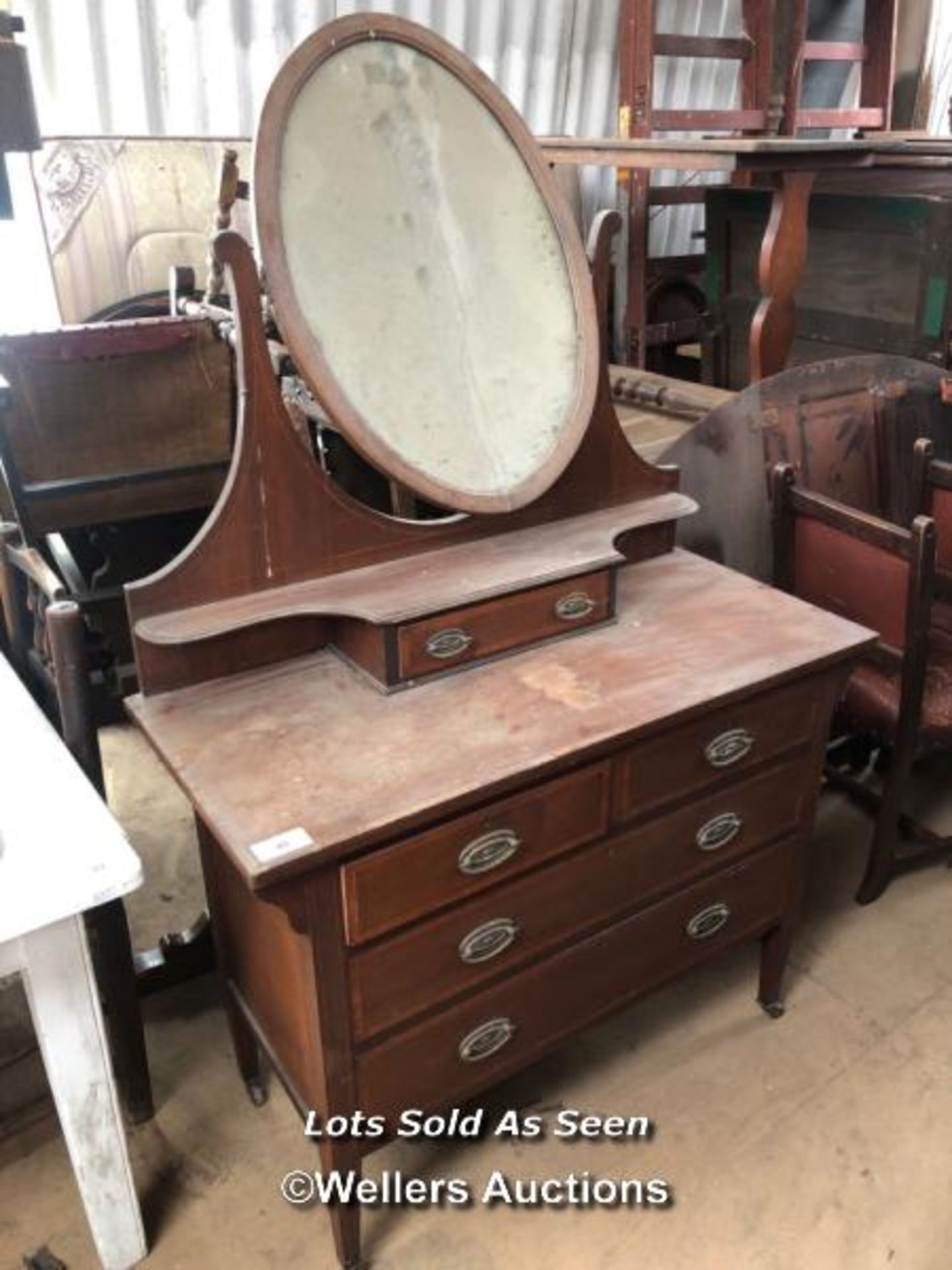 DRESSING TABLE WITH MIRROR AND SIX DRAWERS ON CASTORS, 42 X 18.5 X 68 INCHES / LOCATED AT VICTORIA