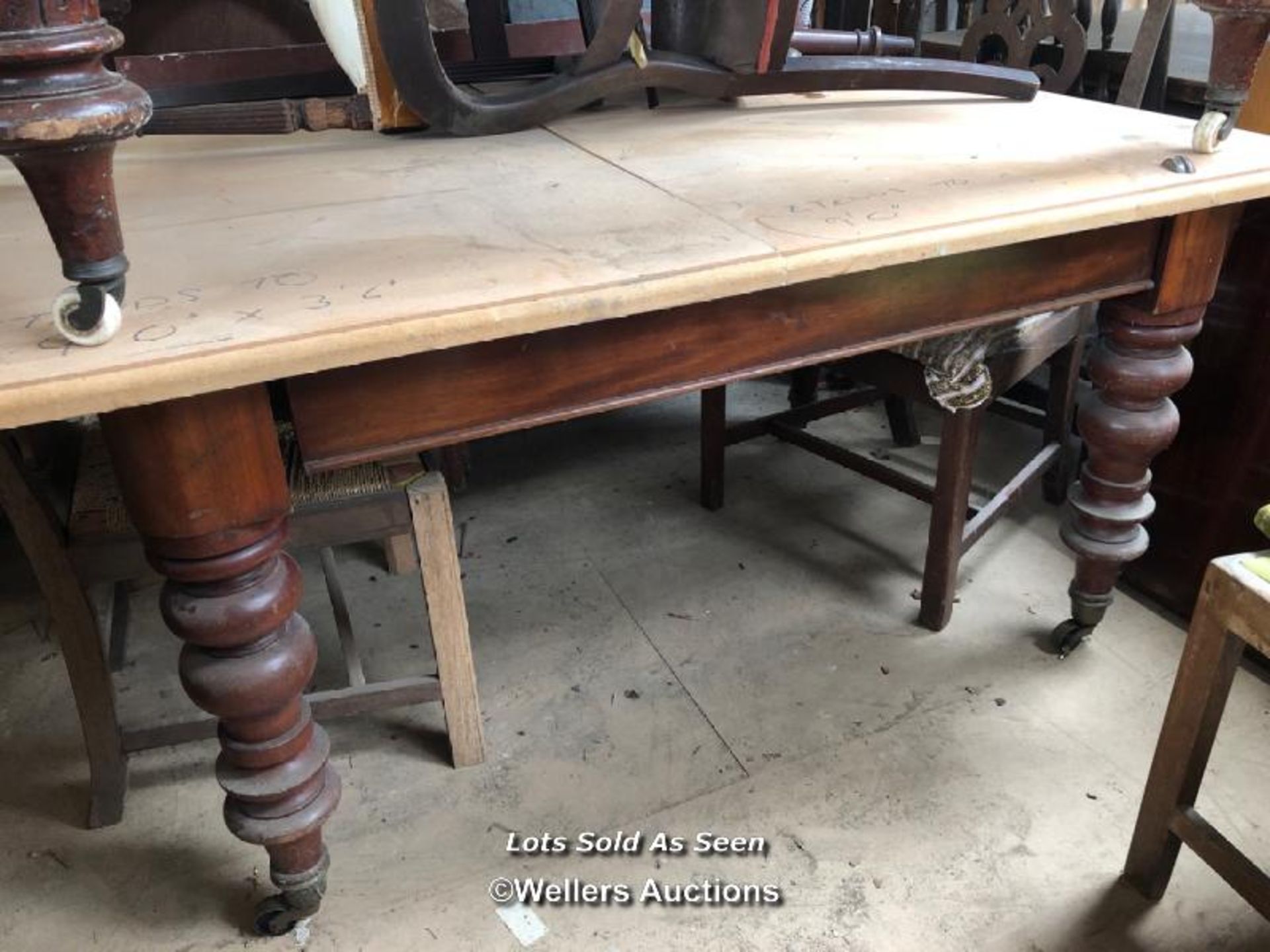 PARTLY REFURBISHED TABLE ON CASTORS, 55 X 43 X 30 INCHES / LOCATED AT VICTORIA ANTIQUES, WADEBRIDGE,