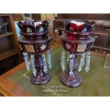 *PAIR OF VICTORIAN RUBY GLASS LUSTRES, 31CM / LOCATED AT VICTORIA ANTIQUES, WADEBRIDGE, PL27 7DD