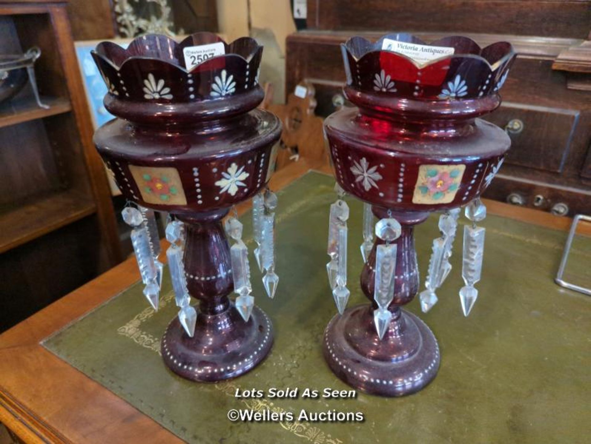 *PAIR OF VICTORIAN RUBY GLASS LUSTRES, 31CM / LOCATED AT VICTORIA ANTIQUES, WADEBRIDGE, PL27 7DD