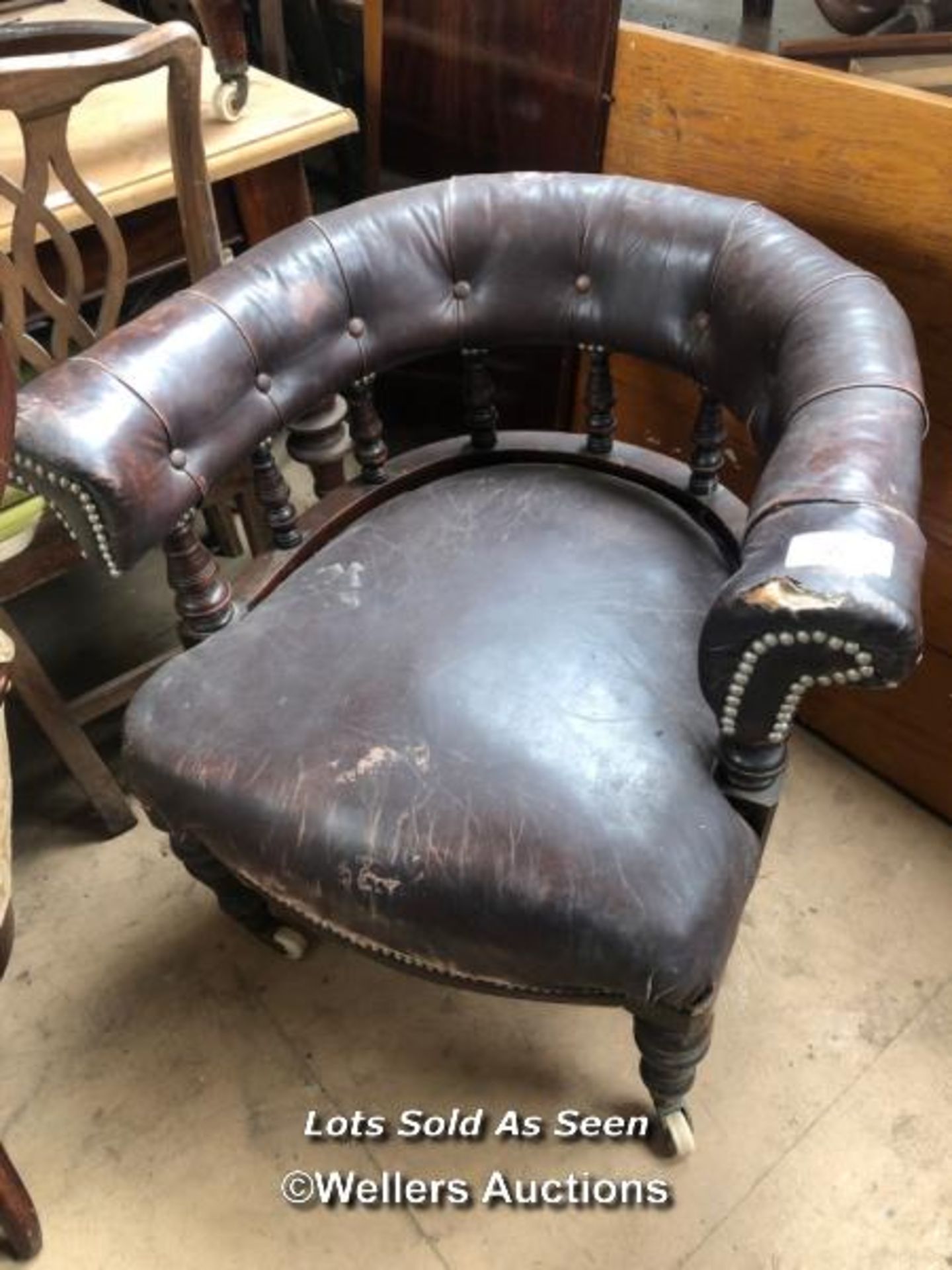 *LEATHER CAPTAINS CHAIR, IN NEED OF RESTORATION
