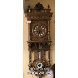 *LARGE AND UNUSUAL WALNUT WALL CLOCK WITH BAROMETER AND THERMOMETER, 133CM / LOCATED AT VICTORIA