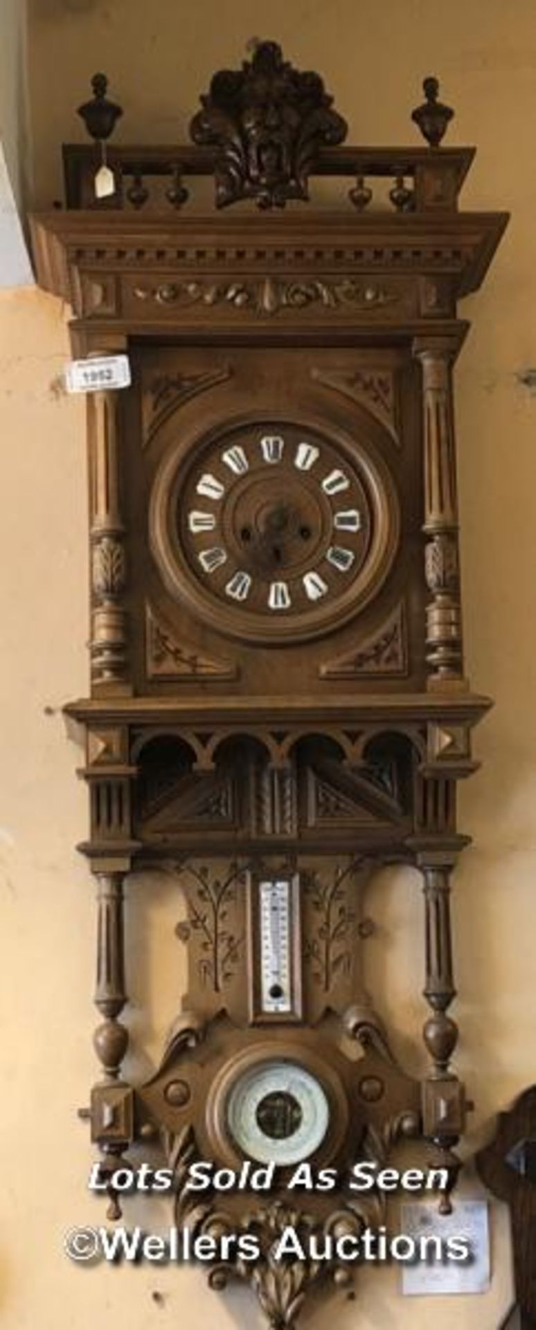 *LARGE AND UNUSUAL WALNUT WALL CLOCK WITH BAROMETER AND THERMOMETER, 133CM / LOCATED AT VICTORIA