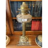 *VICTORIAN BRASS OIL LAMP WITH GLASS RESERVOIR, 76CM / LOCATED AT VICTORIA ANTIQUES, WADEBRIDGE,