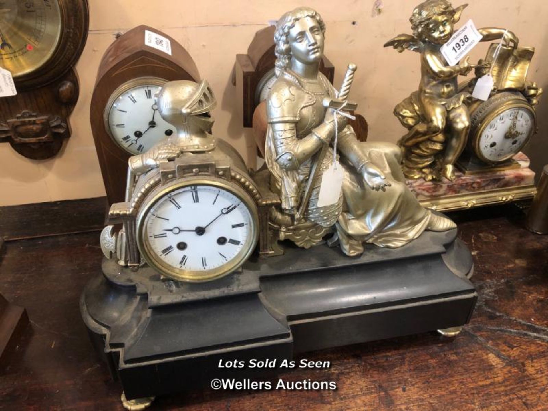 *GILT BRASS FIGURAL MANTEL CLOCK MODELLED AS JOAN OF ARC / LOCATED AT VICTORIA ANTIQUES, WADEBRIDGE,