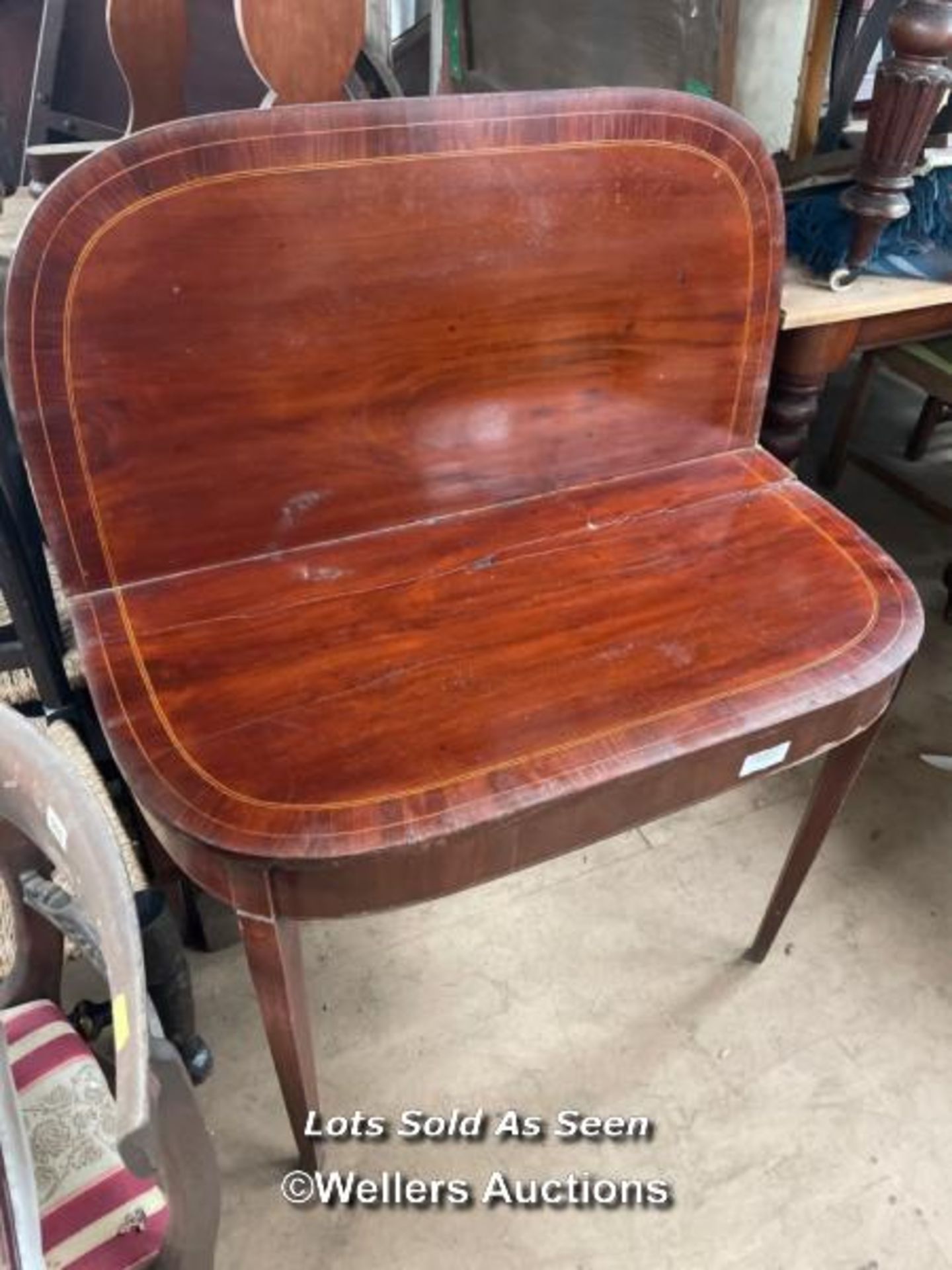 INLAID FOLDING BOW FRONTED TABLE, 39 X 19 X 29.5 INCHES / LOCATED AT VICTORIA ANTIQUES, - Image 3 of 3