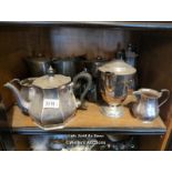 *MAPPIN & WEBB PLATED FIVE PIECE TEA SET, VARIOUS JUGS, SPELTER FIGURE (9) / LOCATED AT VICTORIA