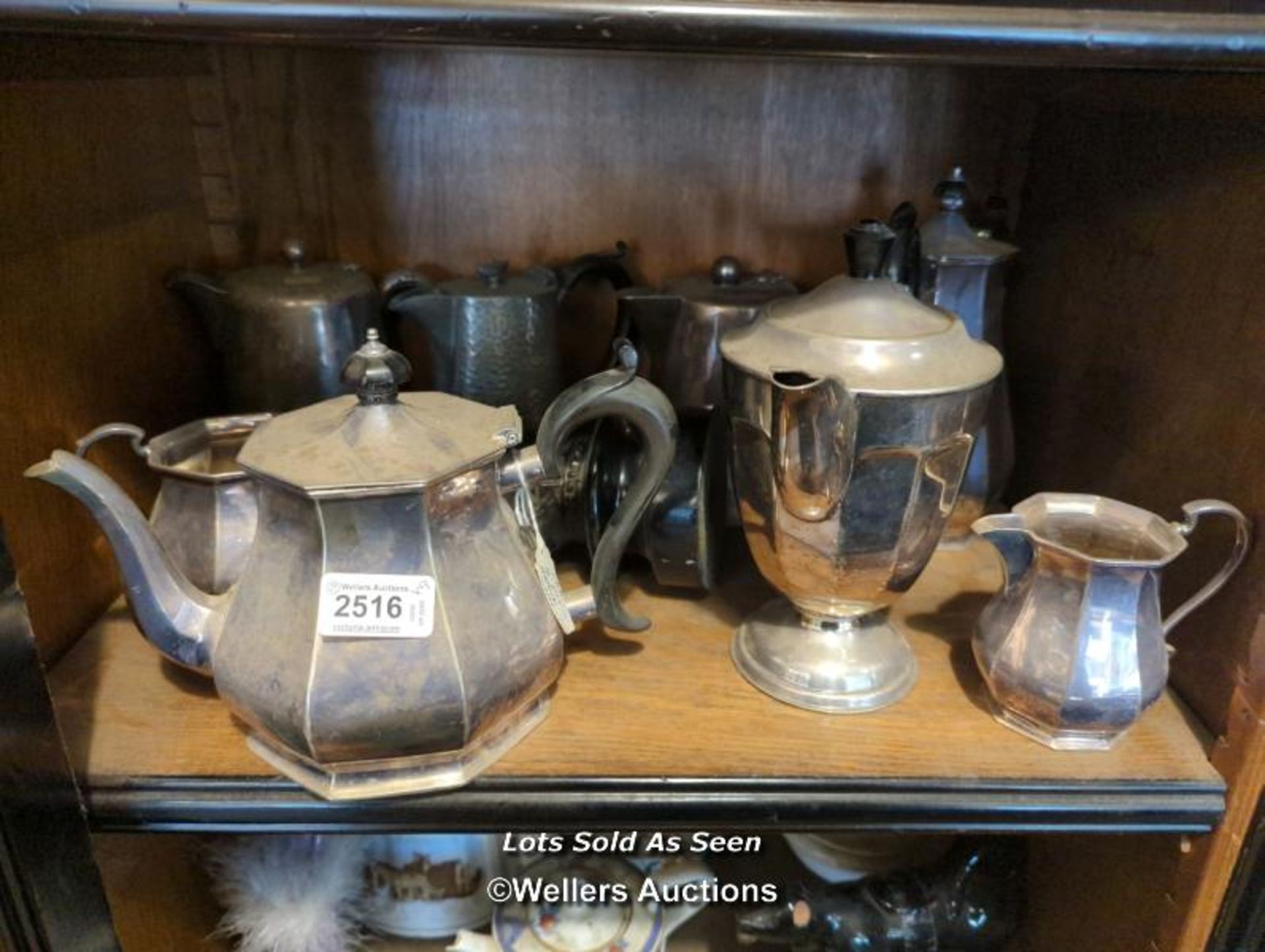 *MAPPIN & WEBB PLATED FIVE PIECE TEA SET, VARIOUS JUGS, SPELTER FIGURE (9) / LOCATED AT VICTORIA