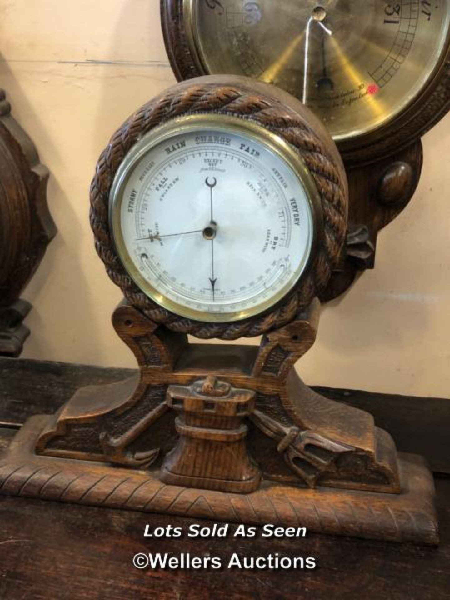 *CARVED OAK MANTEL BAROMETER WITH NAUTICAL THEME / LOCATED AT VICTORIA ANTIQUES, WADEBRIDGE, PL27