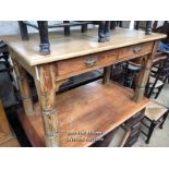 PINE TABLE WITH TWO DRAWERS AND BRASS HANDLES, 51 X 27 X 31 INCHES / LOCATED AT VICTORIA ANTIQUES,