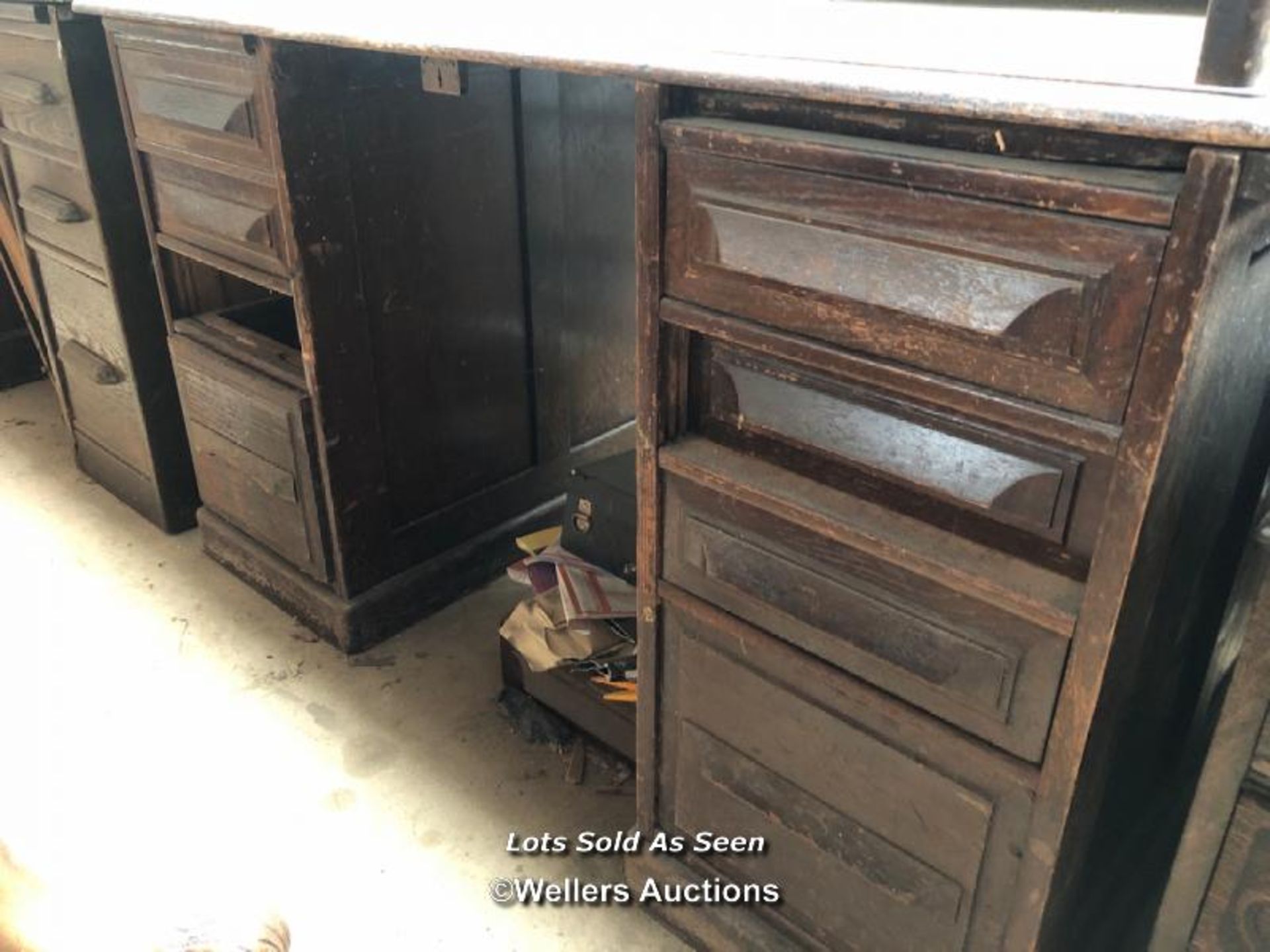 ROLL TOP DESK OVER EIGHT DRAWERS, 48.5 X 29 X 46.5 INCHES / LOCATED AT VICTORIA ANTIQUES, - Image 3 of 5