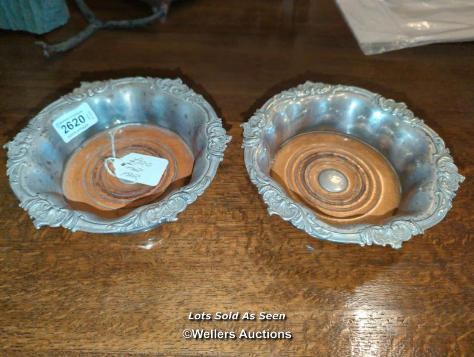* PAIR OF VICTORIAN WOOD/SILVER PLATED BOTTLE COASTERS / LOCATED AT VICTORIA ANTIQUES, WADEBRIDGE,