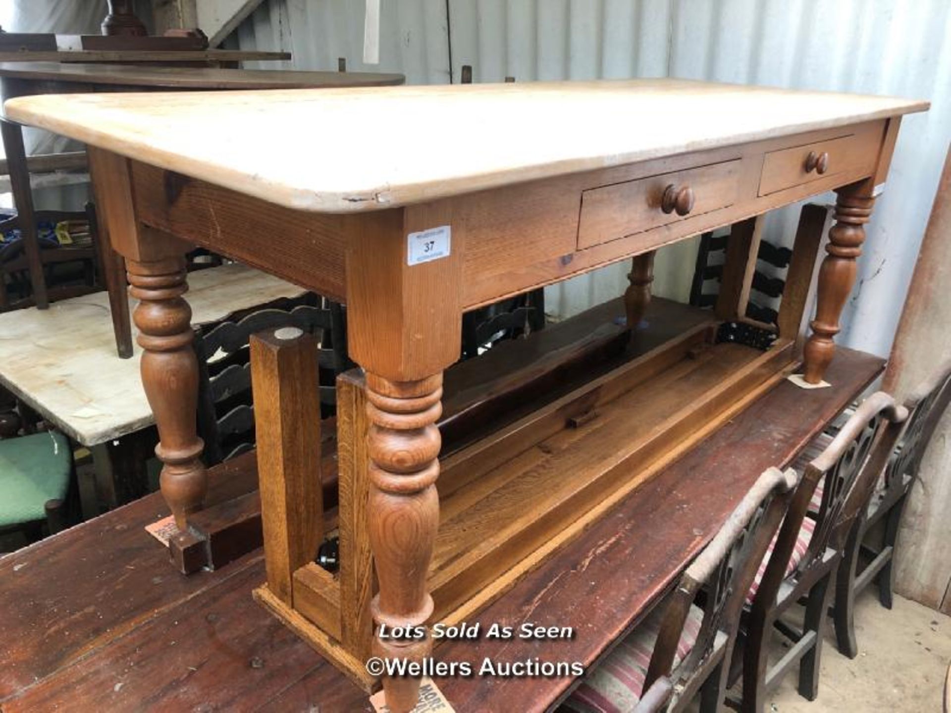 *PINE KITCHEN TABLE WITH TWO DRAWERS, 77 X 30 X 31