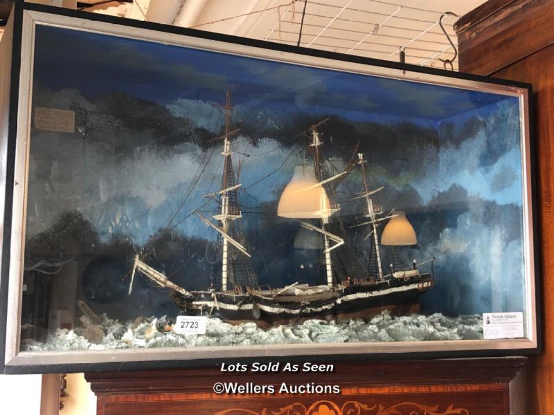 *CASED MODEL OF H.M.S. PEGASUS WRECK OFF NOVA SCOTIA SEPTEMBER 1806, 42 X 77 X 22.5CM / LOCATED AT