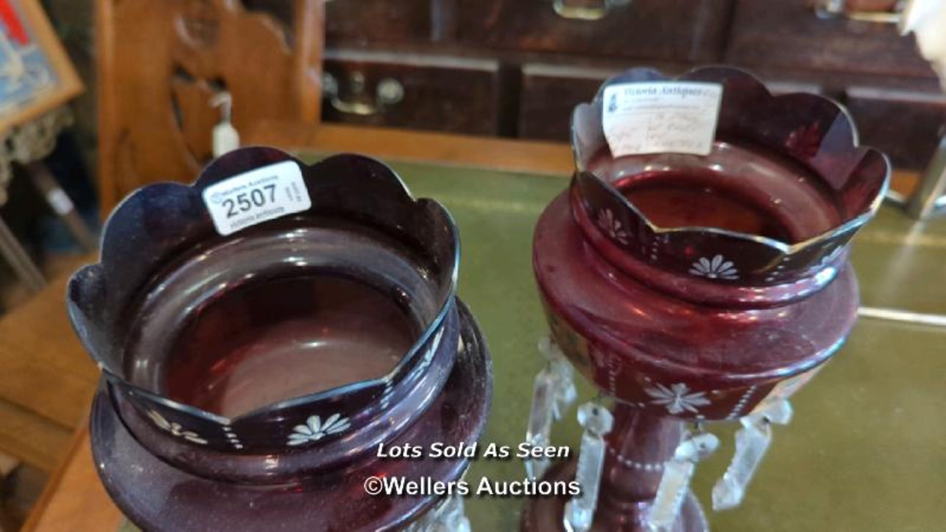 *PAIR OF VICTORIAN RUBY GLASS LUSTRES, 31CM / LOCATED AT VICTORIA ANTIQUES, WADEBRIDGE, PL27 7DD - Image 4 of 4
