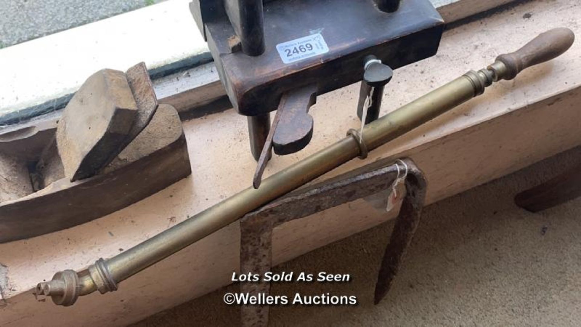 *WOODEN WOODWORK TOOLS, METAL BOOT SCRAPER, BRASS PUMP, ETC / LOCATED AT VICTORIA ANTIQUES, - Image 2 of 6