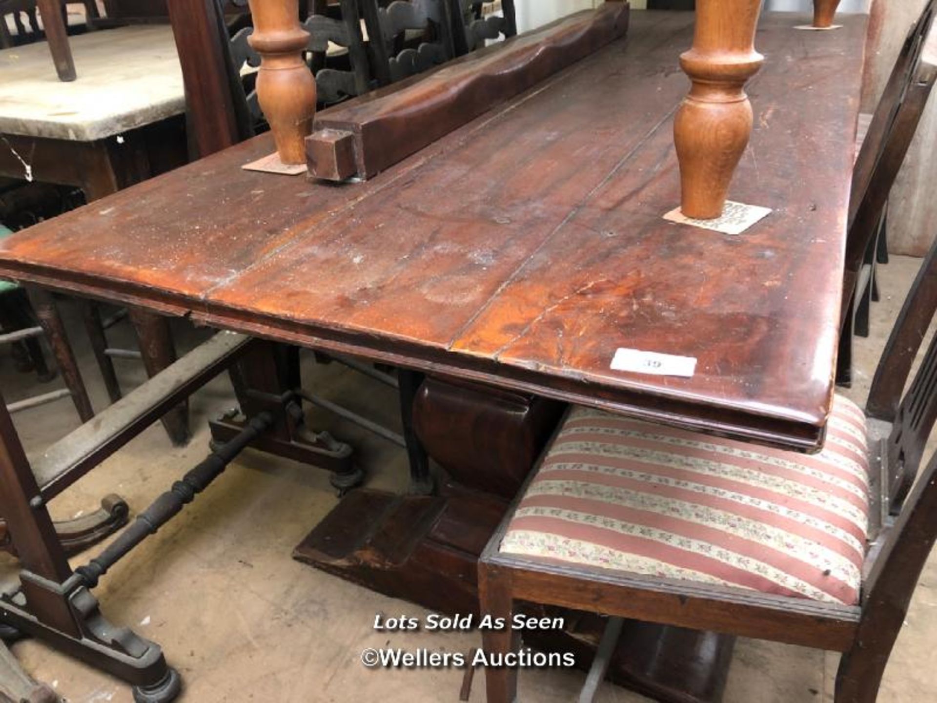 LARGE FAMILY DINING TABLE ON HUGE FEET, 93 X 36 X 30 INCHES / LOCATED AT VICTORIA ANTIQUES,