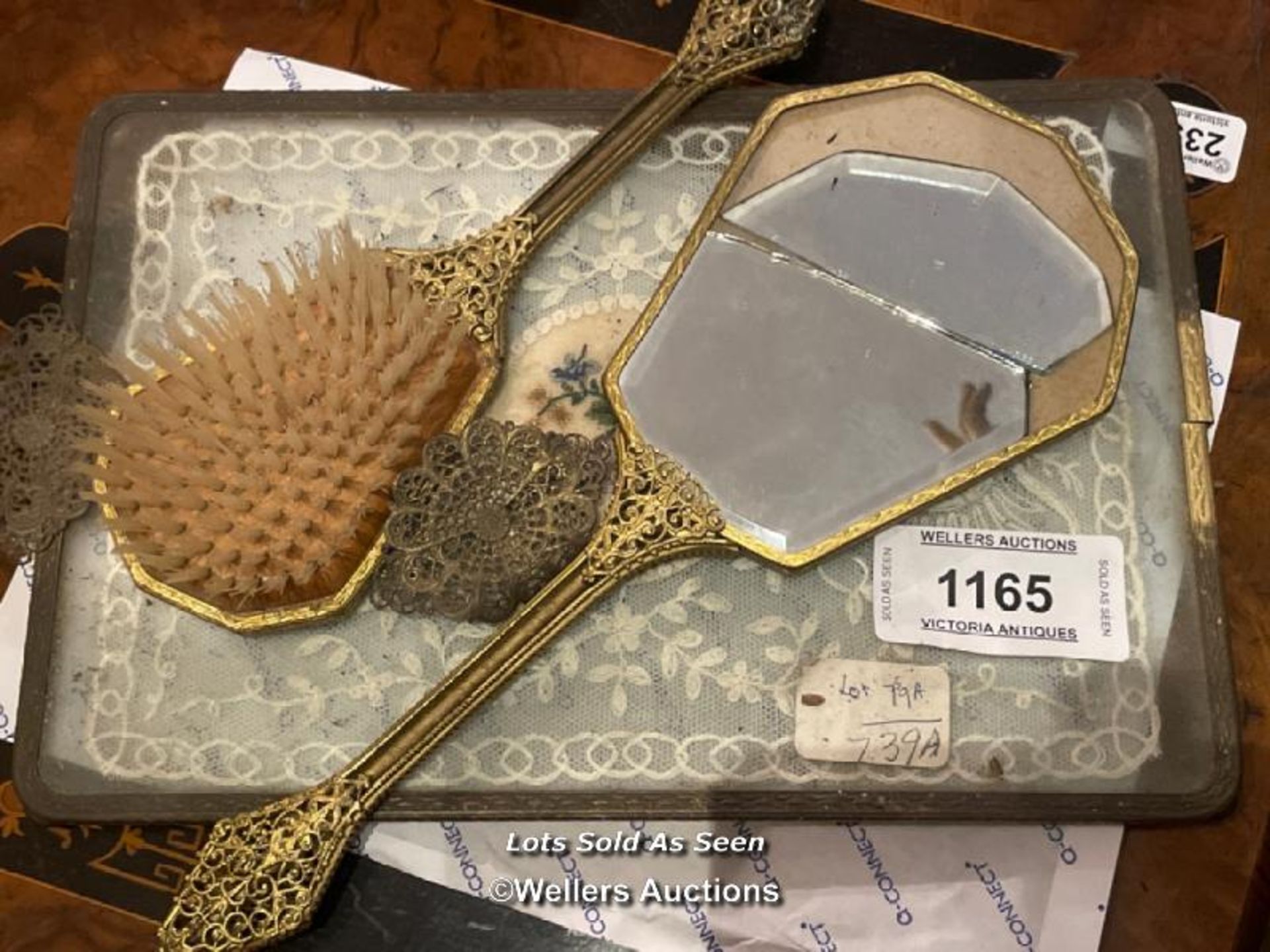 *VINTAGE VANITY SET INCLUDING TRAY, BRUSH AND MIRROR (DAMAGED GLASS) / LOCATED AT VICTORIA ANTIQUES,