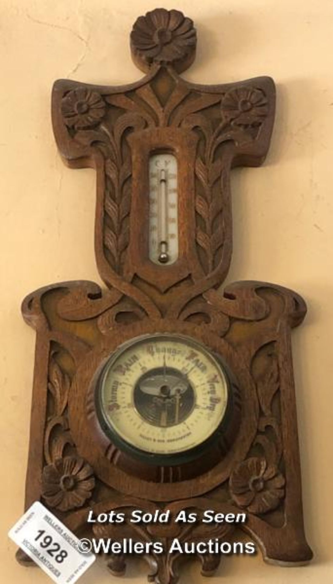 *CARVED OAK BAROMETER BY TILLEY & SON, DORCHESTER / LOCATED AT VICTORIA ANTIQUES, WADEBRIDGE, PL27