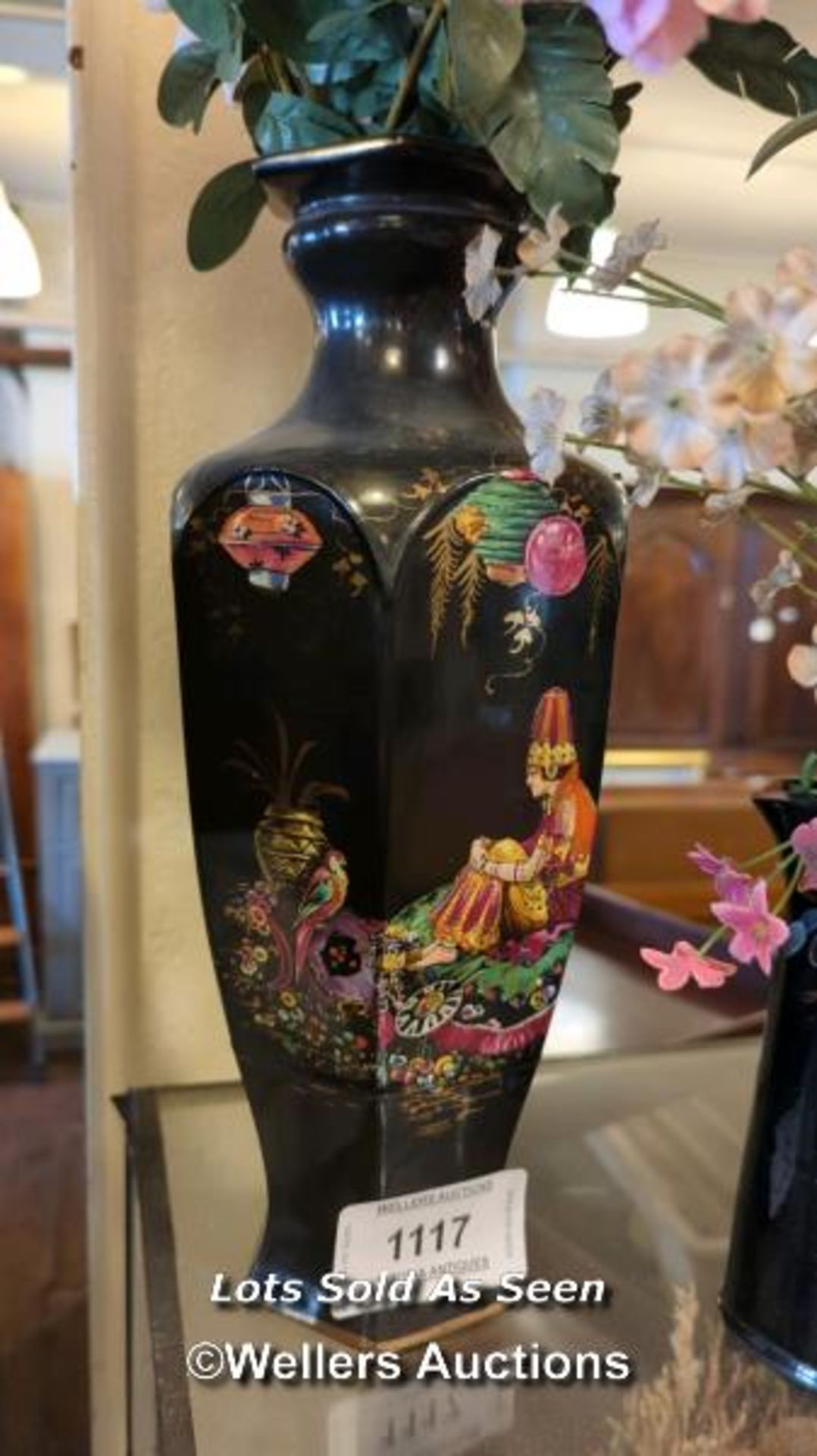 *PAIR OF BLACK INDIAN STYLE PAINTED VASES, TOGETHER WITH A SMALL BLACK JUG / LOCATED AT VICTORIA - Image 2 of 5