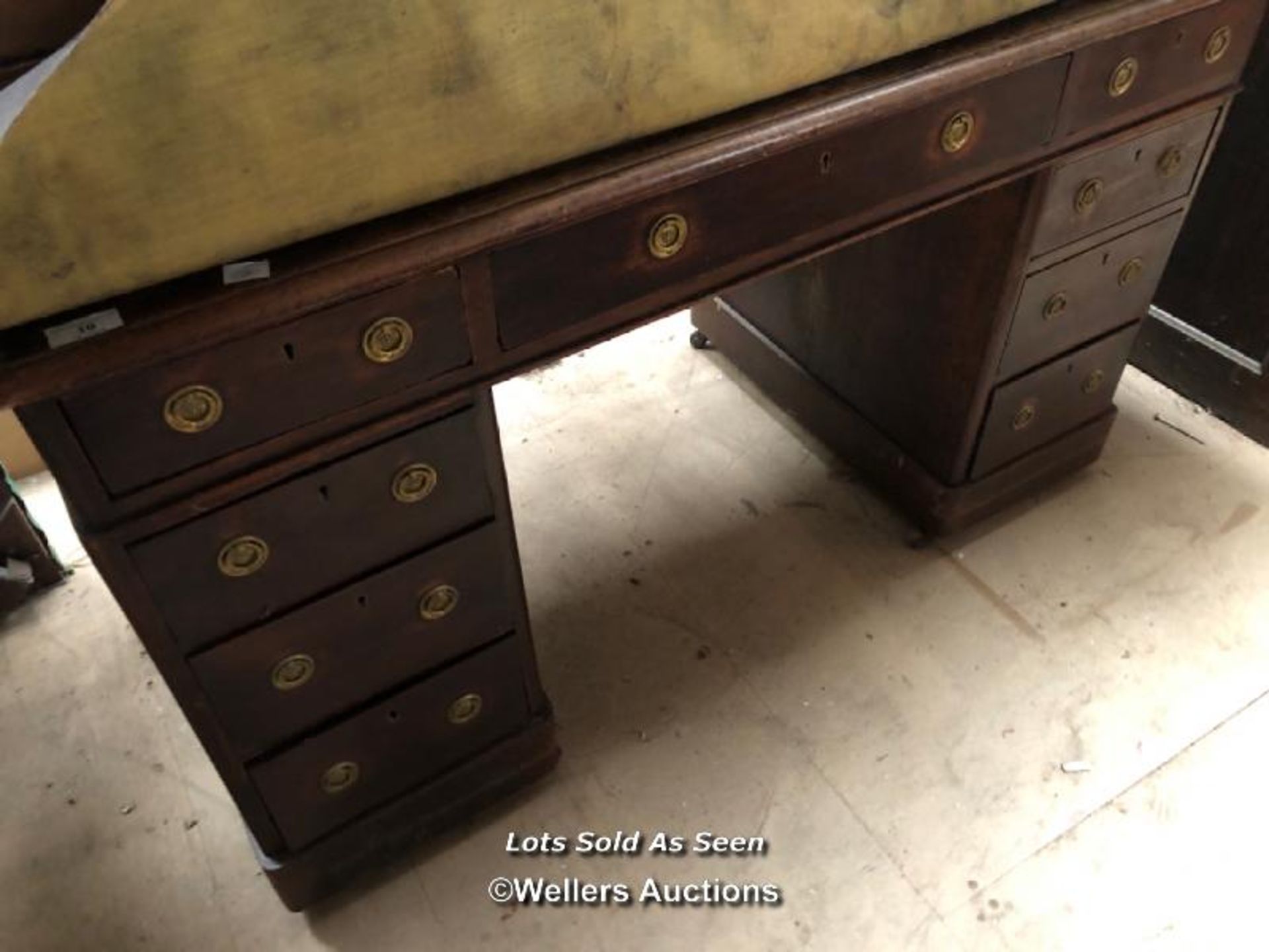 DESK WITH NINE DRAWERS, 46 X 23 X 28 INCHES / LOCATED AT VICTORIA ANTIQUES, WADEBRIDGE, PL27 7DD