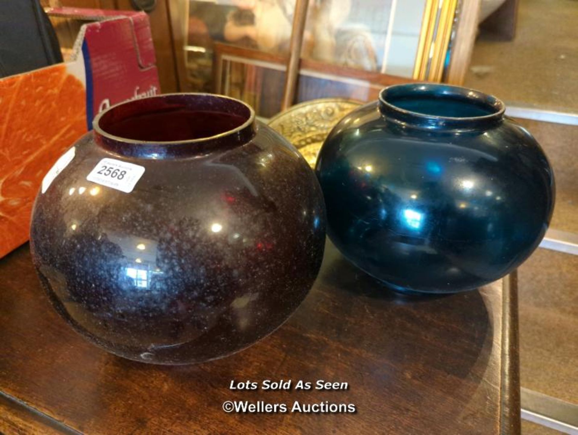 *NEAR PAIR OF GLOBULAR PORT AND STARBOARD GLASS LIGHT SHADES / LOCATED AT VICTORIA ANTIQUES,