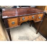 DECORATIVELY CARVED SMALL DESK WITH THREE DRAWERS, 36 X 20 X 31.5 INCHES / LOCATED AT VICTORIA