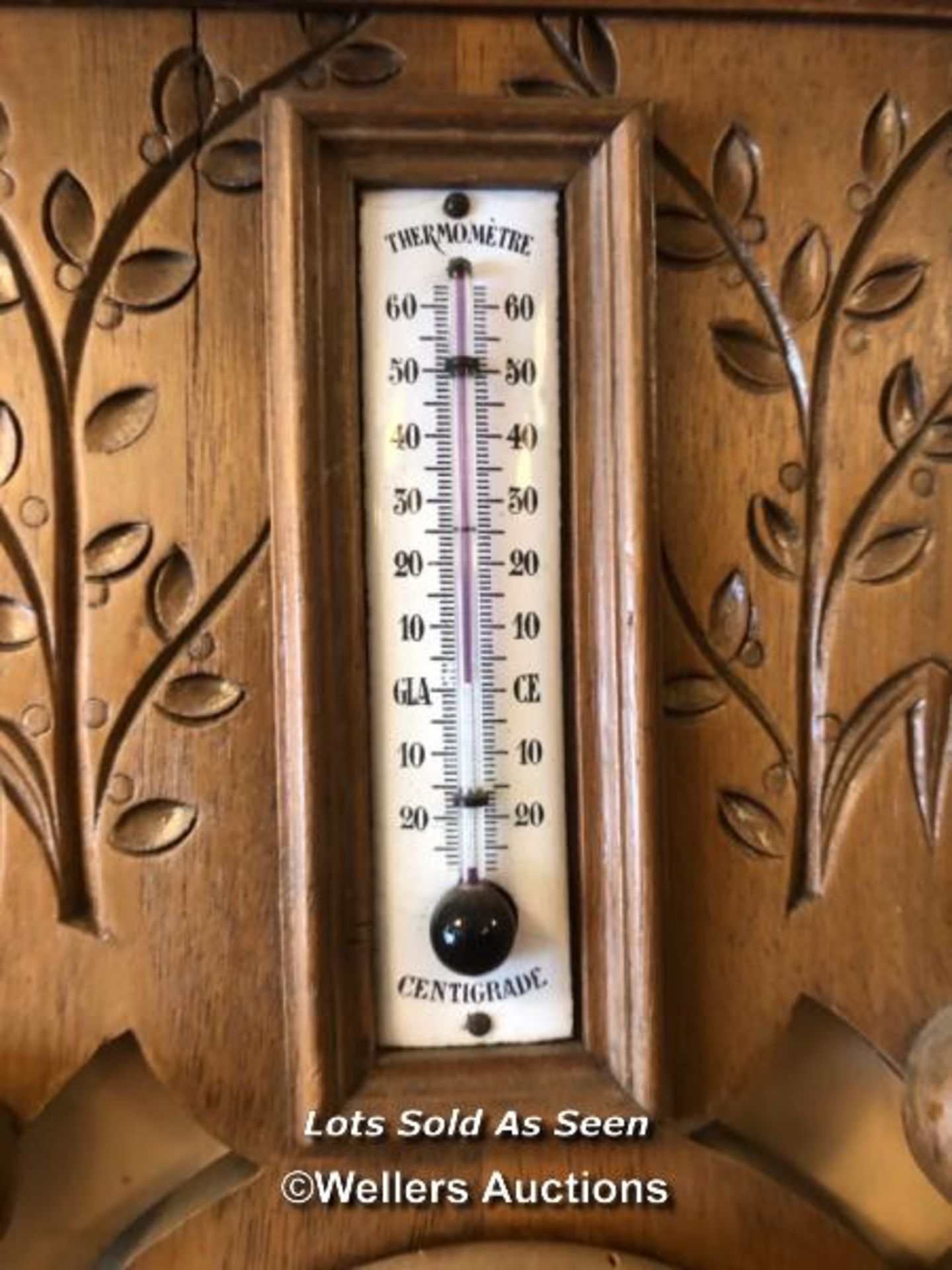 *LARGE AND UNUSUAL WALNUT WALL CLOCK WITH BAROMETER AND THERMOMETER, 133CM / LOCATED AT VICTORIA - Image 6 of 6