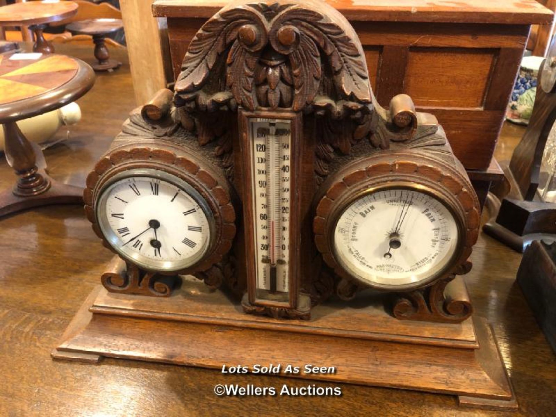 *CARVED OAK MANTEL CLOCK/BAROMETER/THERMOMETER / LOCATED AT VICTORIA ANTIQUES, WADEBRIDGE, PL27 7DD