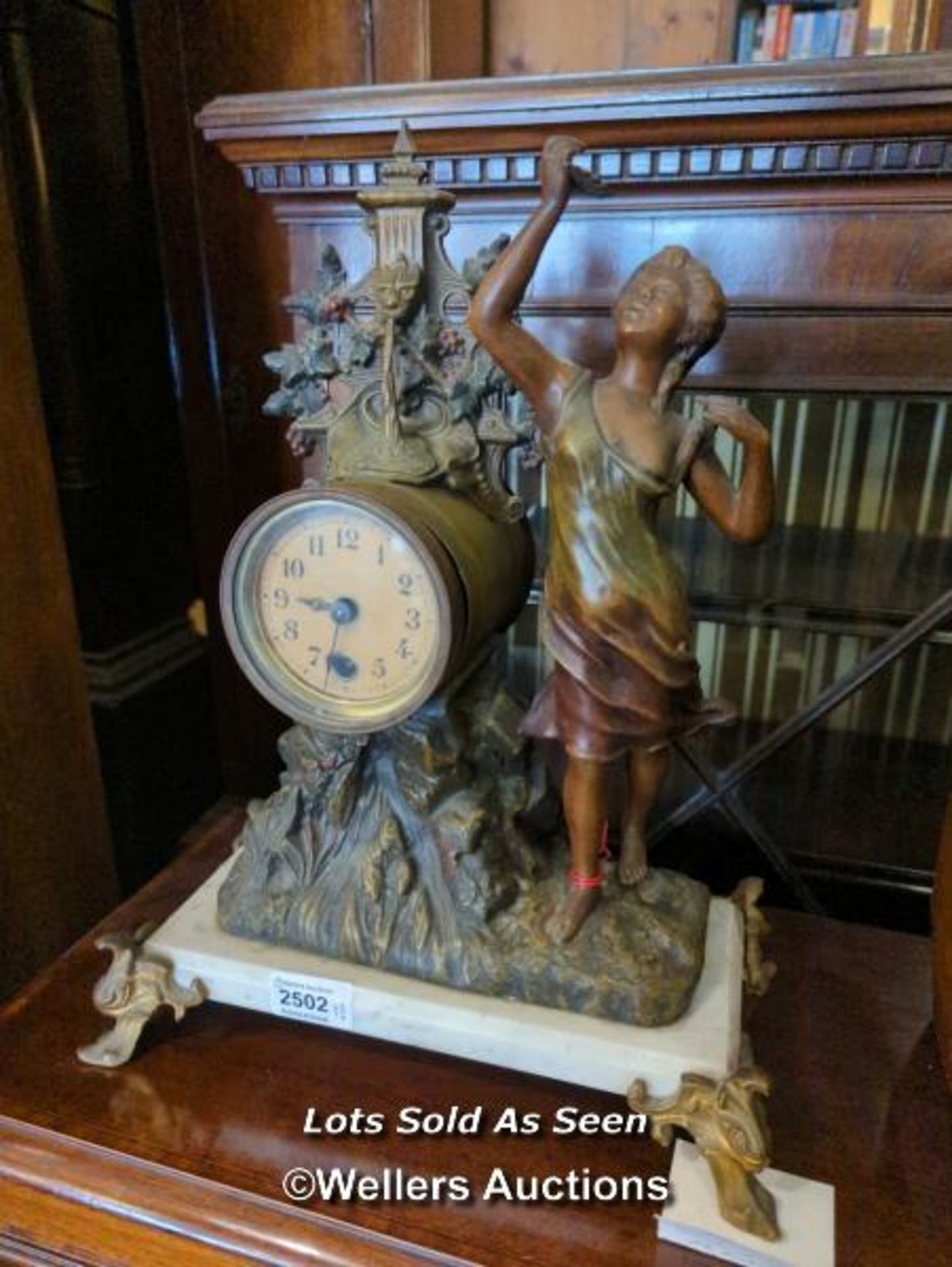 *VICTORIAN SPELTER FIGURAL MANTEL CLOCK ON MARBLE BASE, 39CM / LOCATED AT VICTORIA ANTIQUES,