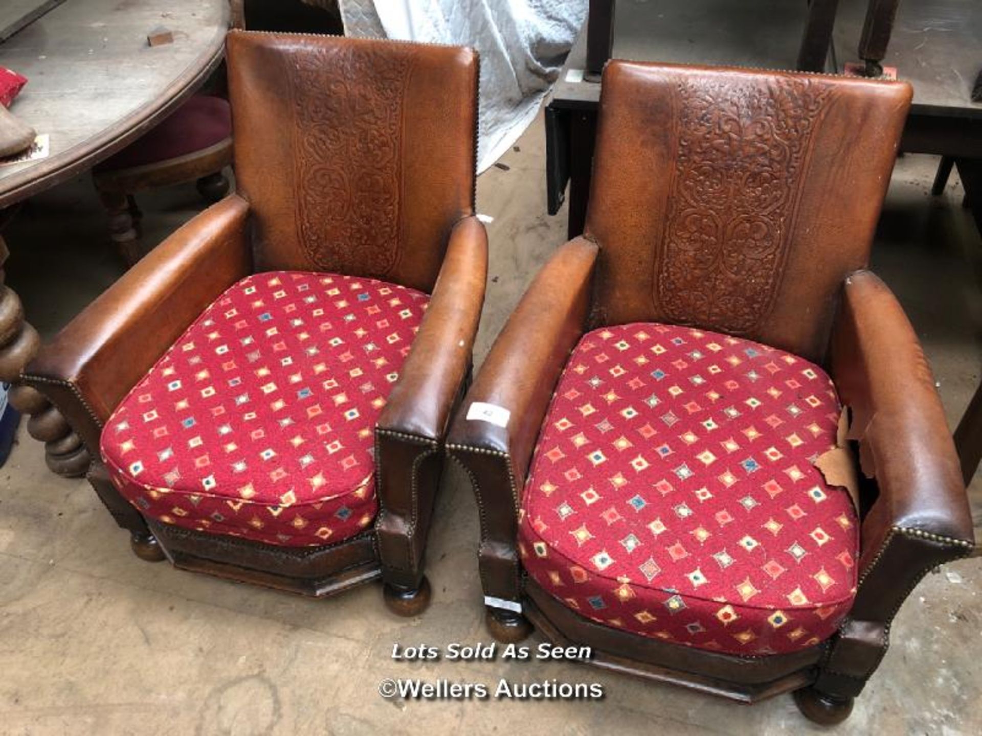 PAIR OF 19TH CENTURY LEATHER CLUB CHAIRS, IN NEED OF RESTORATION, 29 X 30 X 33 INCHES / LOCATED AT