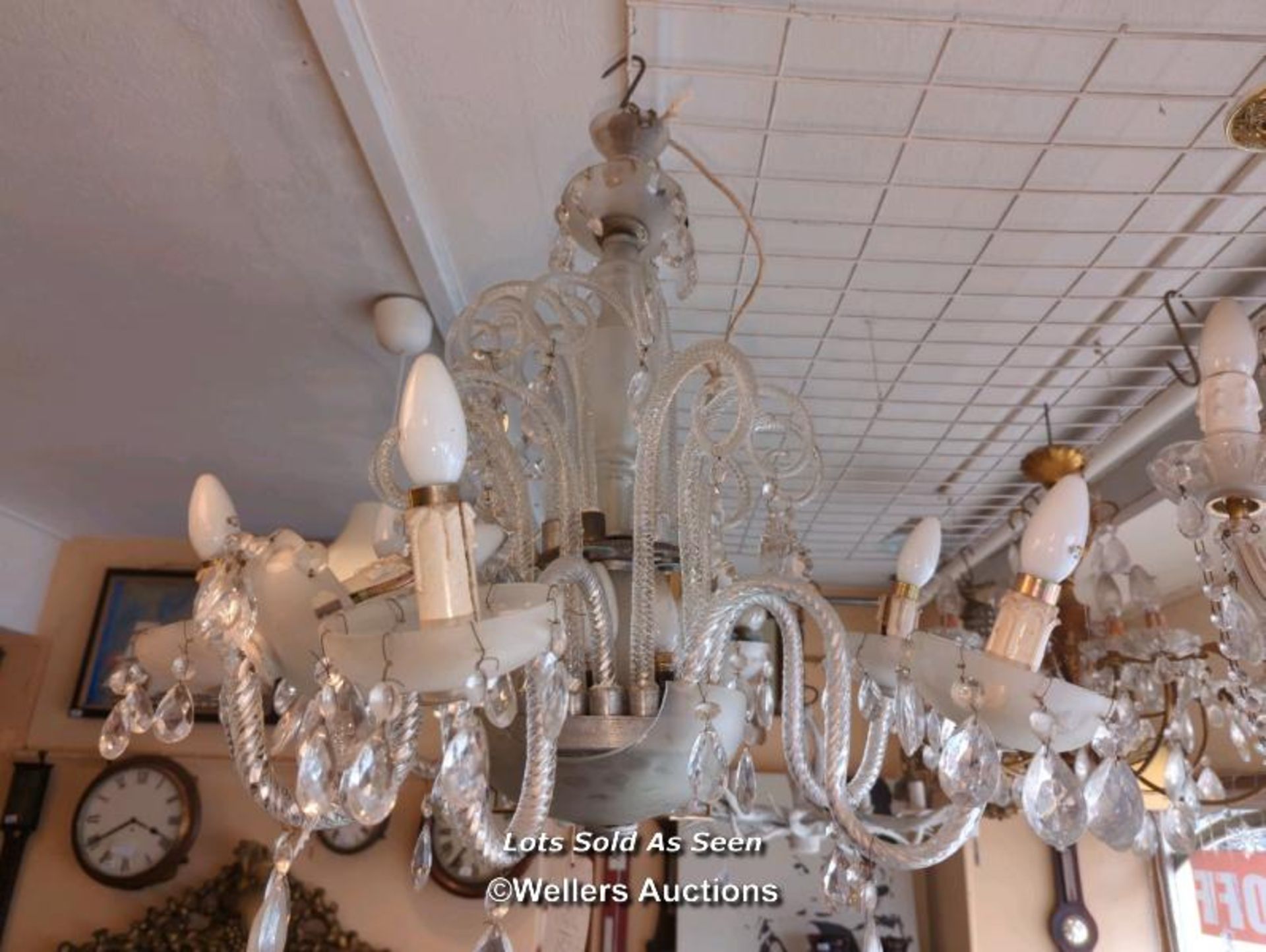 *GLASS HANGING CHANDELIER WITH SEVEN SCROLLING ARMS HUNG WITH PRISM DROPS / LOCATED AT VICTORIA - Image 3 of 3