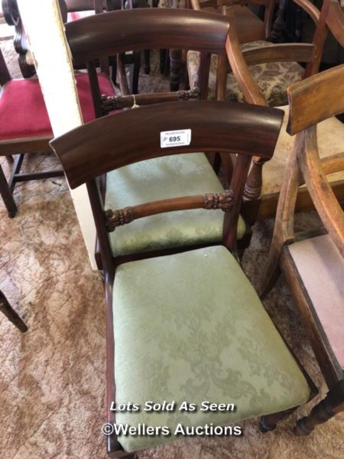 *PAIR OF BAR BACK CHAIRS WITH GREEN UPHOLSTERED SEATS / LOCATED AT VICTORIA ANTIQUES, WADEBRIDGE,