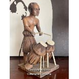 *SMALL CARVED AFRICAN FIGURE PLAYING DRUMS, 26CM / LOCATED AT VICTORIA ANTIQUES, WADEBRIDGE, PL27