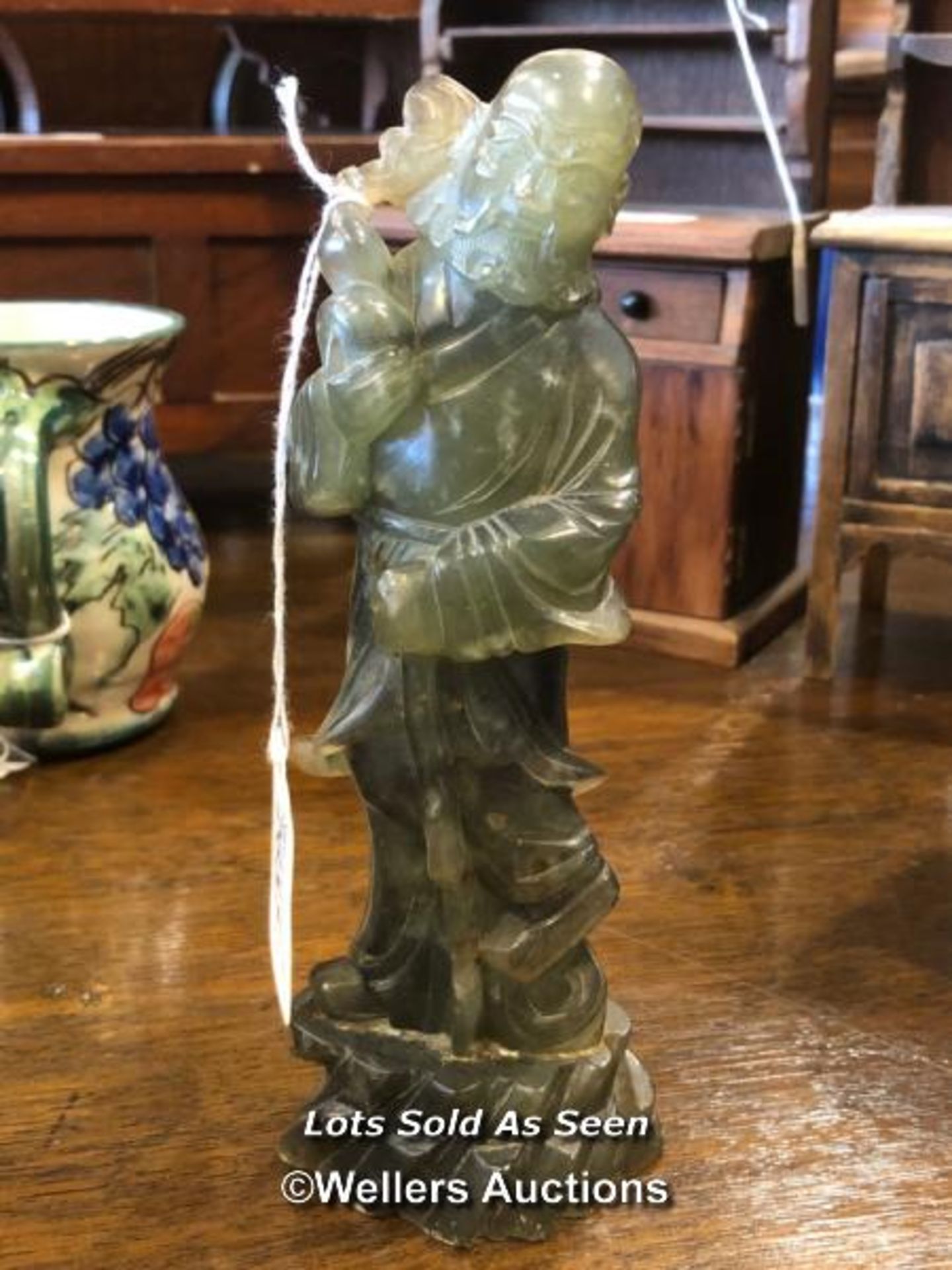 *CHINESE SPINACH JADE FIGURE OF A SAGE, 18CM / LOCATED AT VICTORIA ANTIQUES, WADEBRIDGE, PL27 7DD