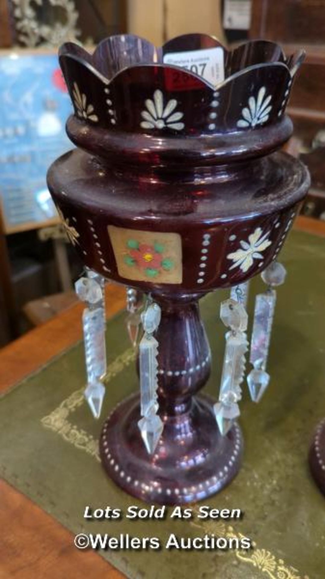 *PAIR OF VICTORIAN RUBY GLASS LUSTRES, 31CM / LOCATED AT VICTORIA ANTIQUES, WADEBRIDGE, PL27 7DD - Image 2 of 4