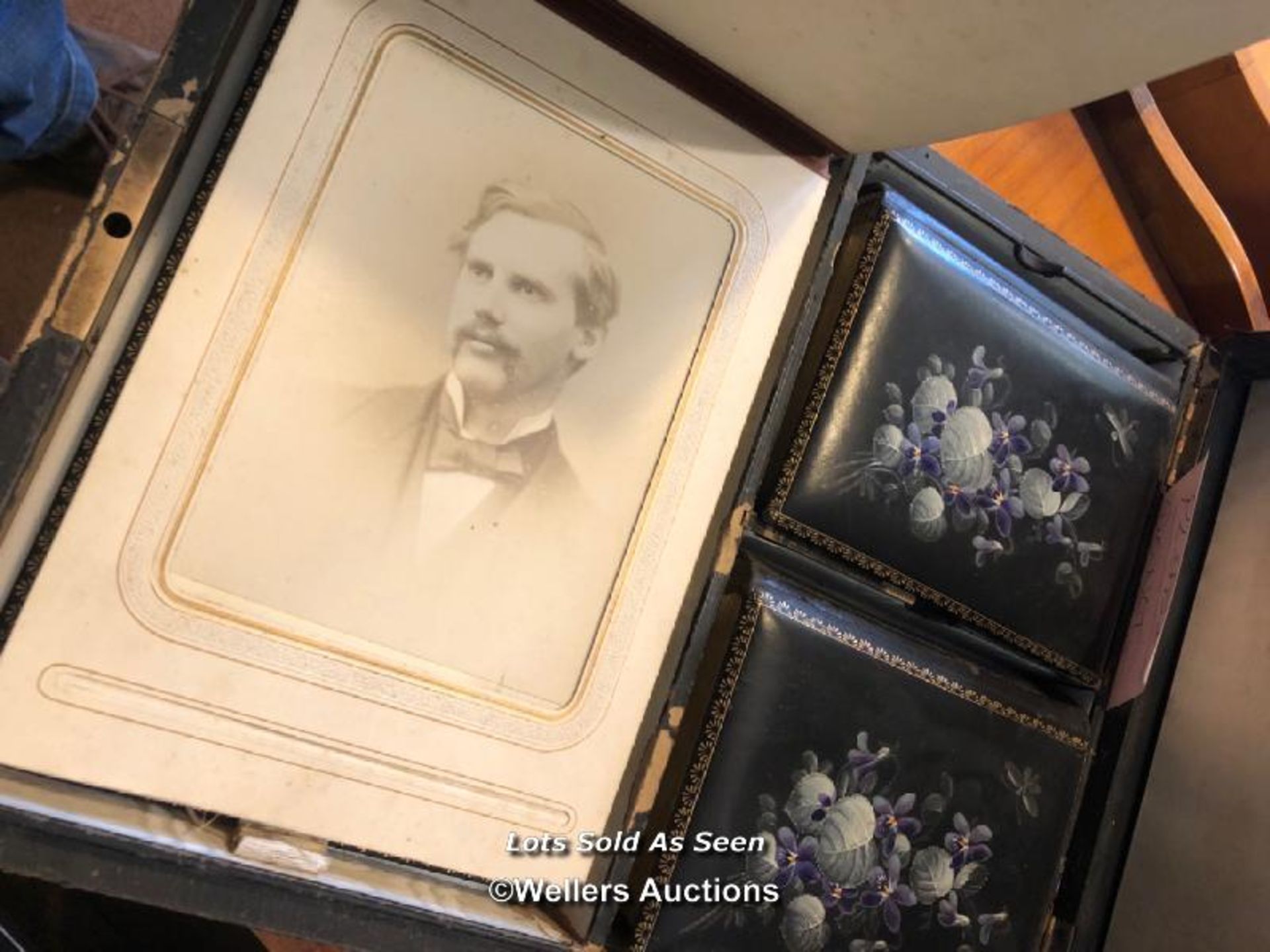 *EDWARDIAN LACQUER BOX CONTAING THREE ALBUMS OF PORTRAIT PHOTOGRAPHS / LOCATED AT VICTORIA ANTIQUES, - Image 4 of 4