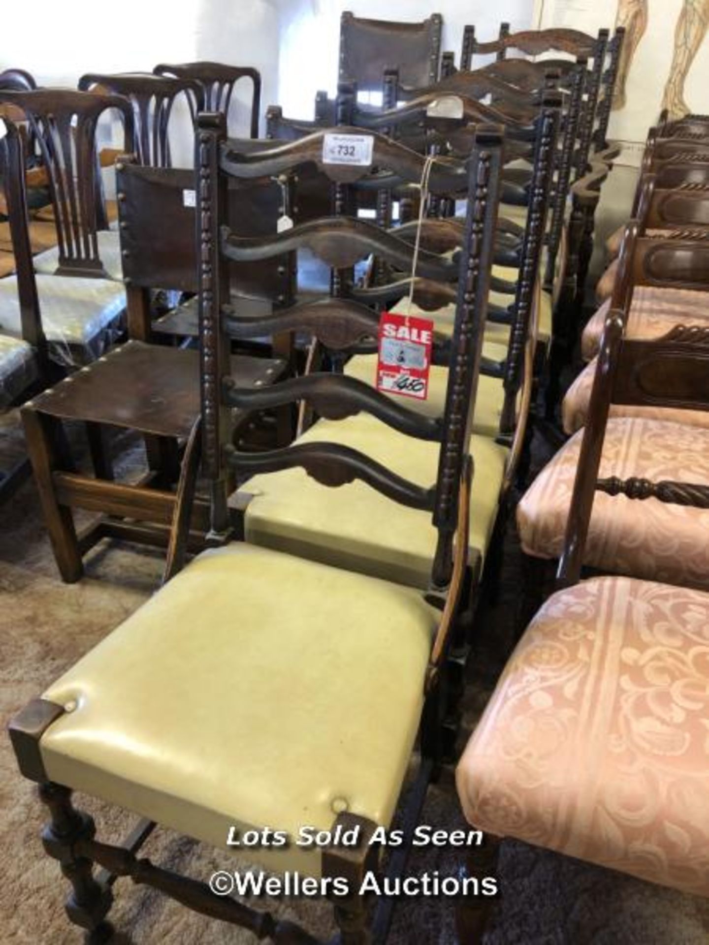 *SET OF SIX OAK LADDER BACK CHAIRS INCLUDING TWO CARVERS WITH UPHOLSTERED SEATS / LOCATED AT - Image 2 of 2