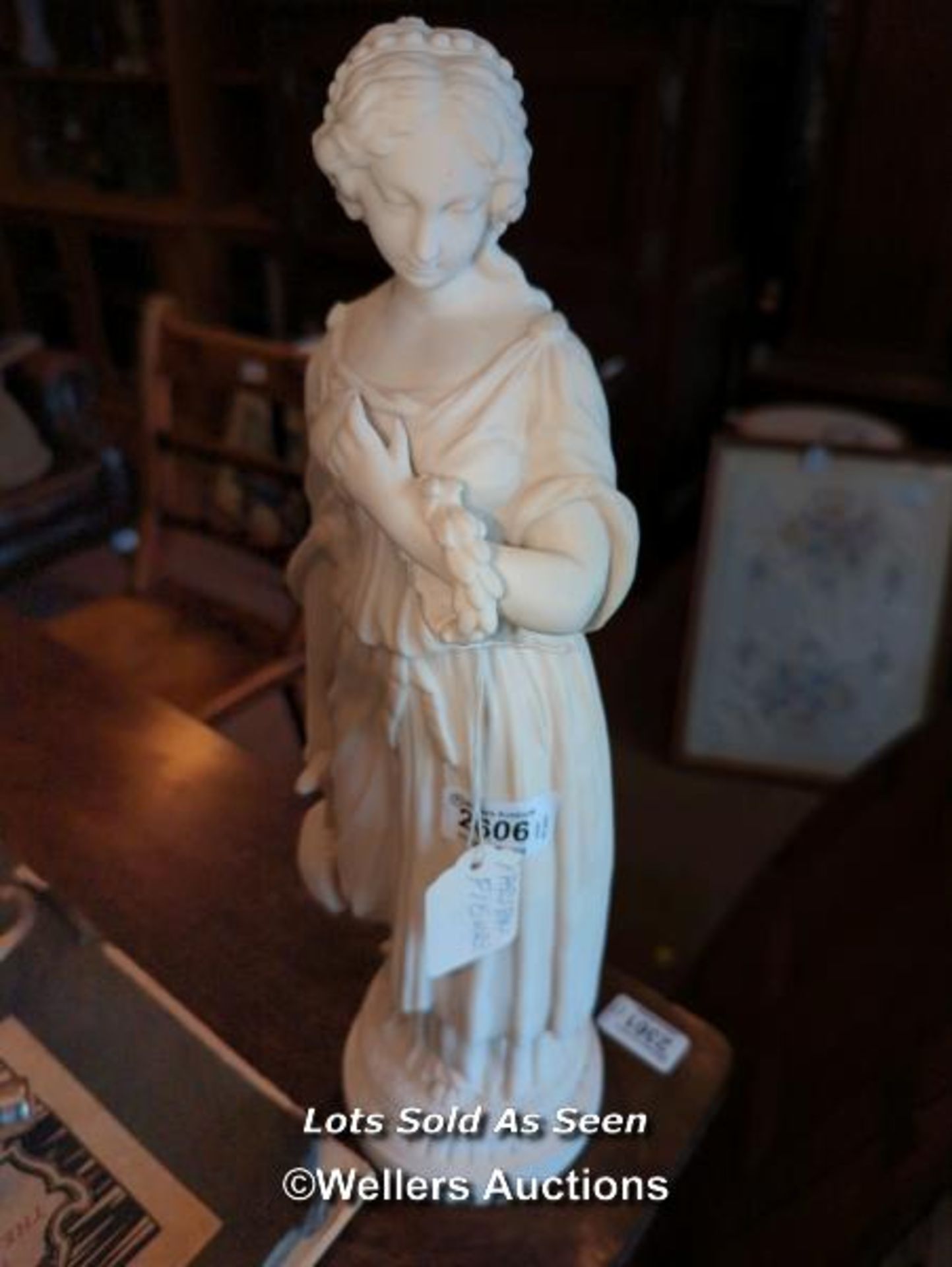 *PARIAN FIGURE OF A CLASSICAL GREEK WOMAN, 38CM / LOCATED AT VICTORIA ANTIQUES, WADEBRIDGE, PL27