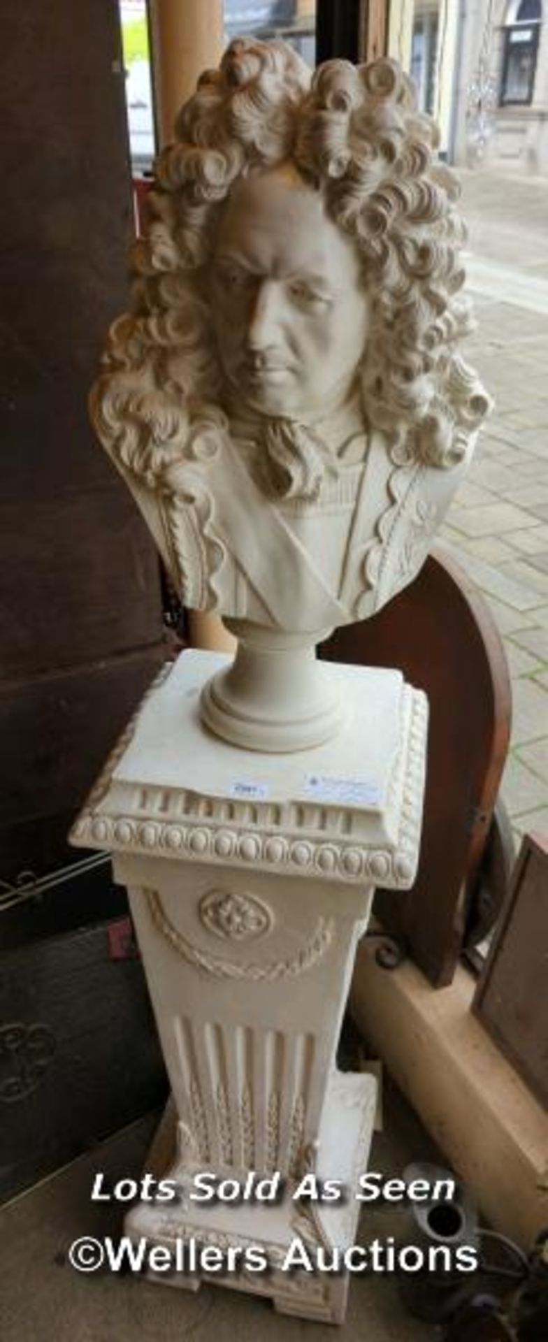 *CREAM PAINTED PORTRAIT BUST INSCRIBED ACROPOLE, ON SEPARATE STAND, OVERALL HEIGHT 151CM / LOCATED