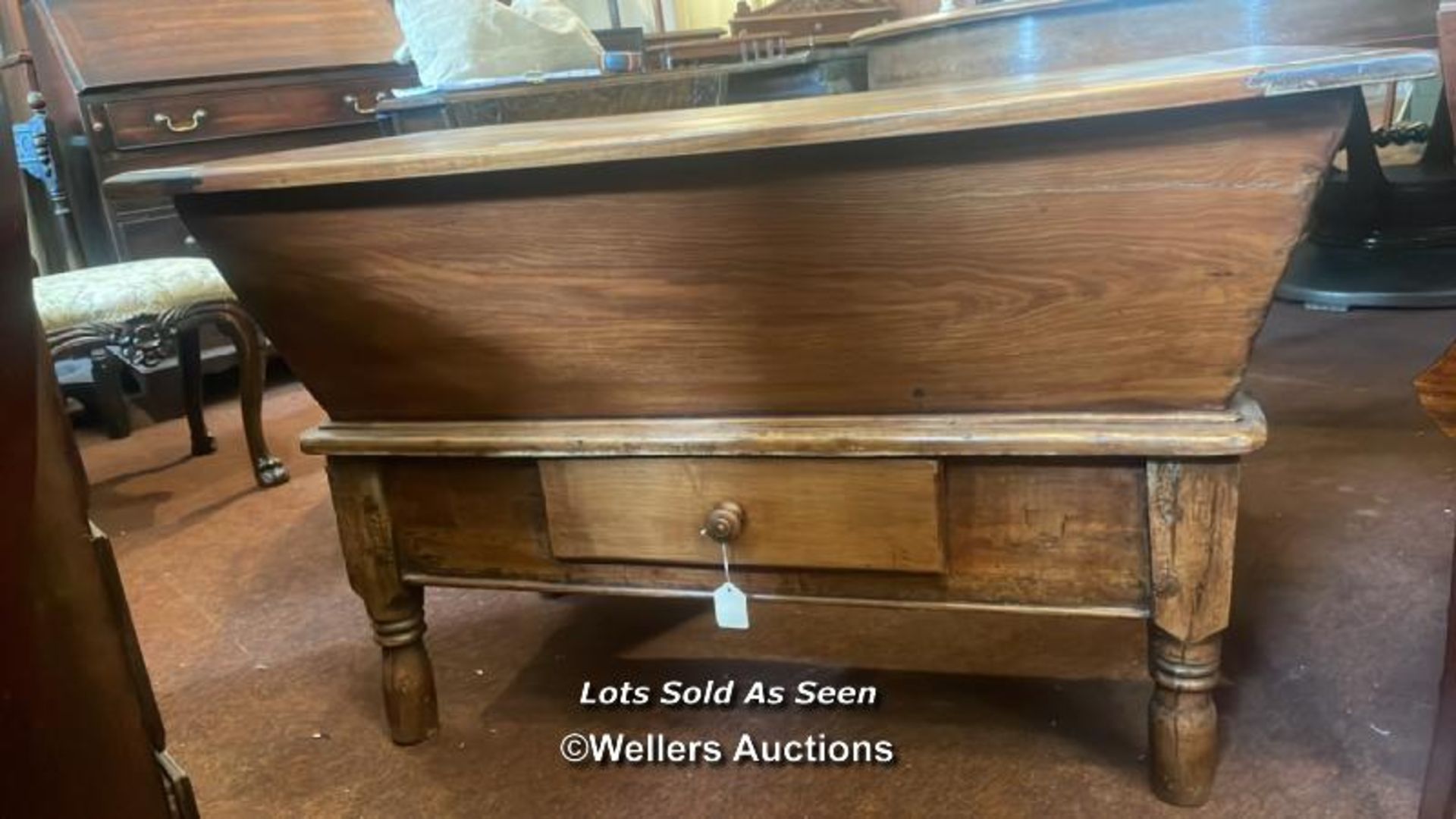 *WALNUT DOUGH BIN, NOW CORK LINED, WITH DRAWER, 108CM WIDE / LOCATED AT VICTORIA ANTIQUES,