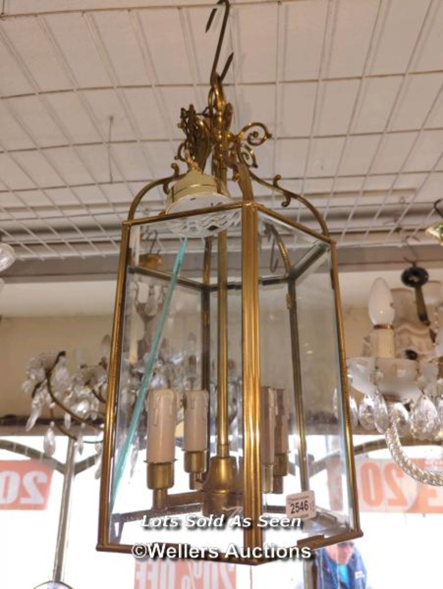 *HEXAGONAL BRASS HANGING LANTERN / LOCATED AT VICTORIA ANTIQUES, WADEBRIDGE, PL27 7DD