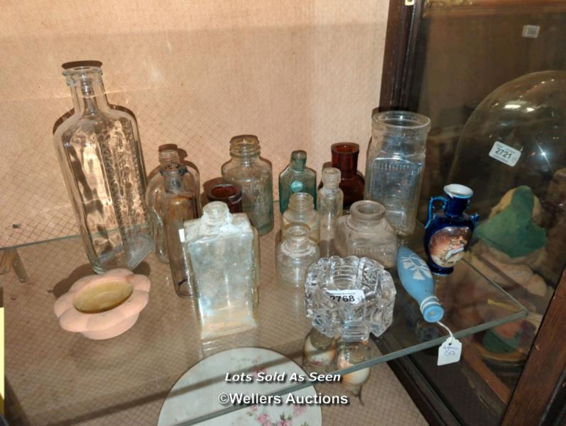 *COLLECTION OF OLD BOTTLES, SMALL VASE AND ASHTRAY / LOCATED AT VICTORIA ANTIQUES, WADEBRIDGE,