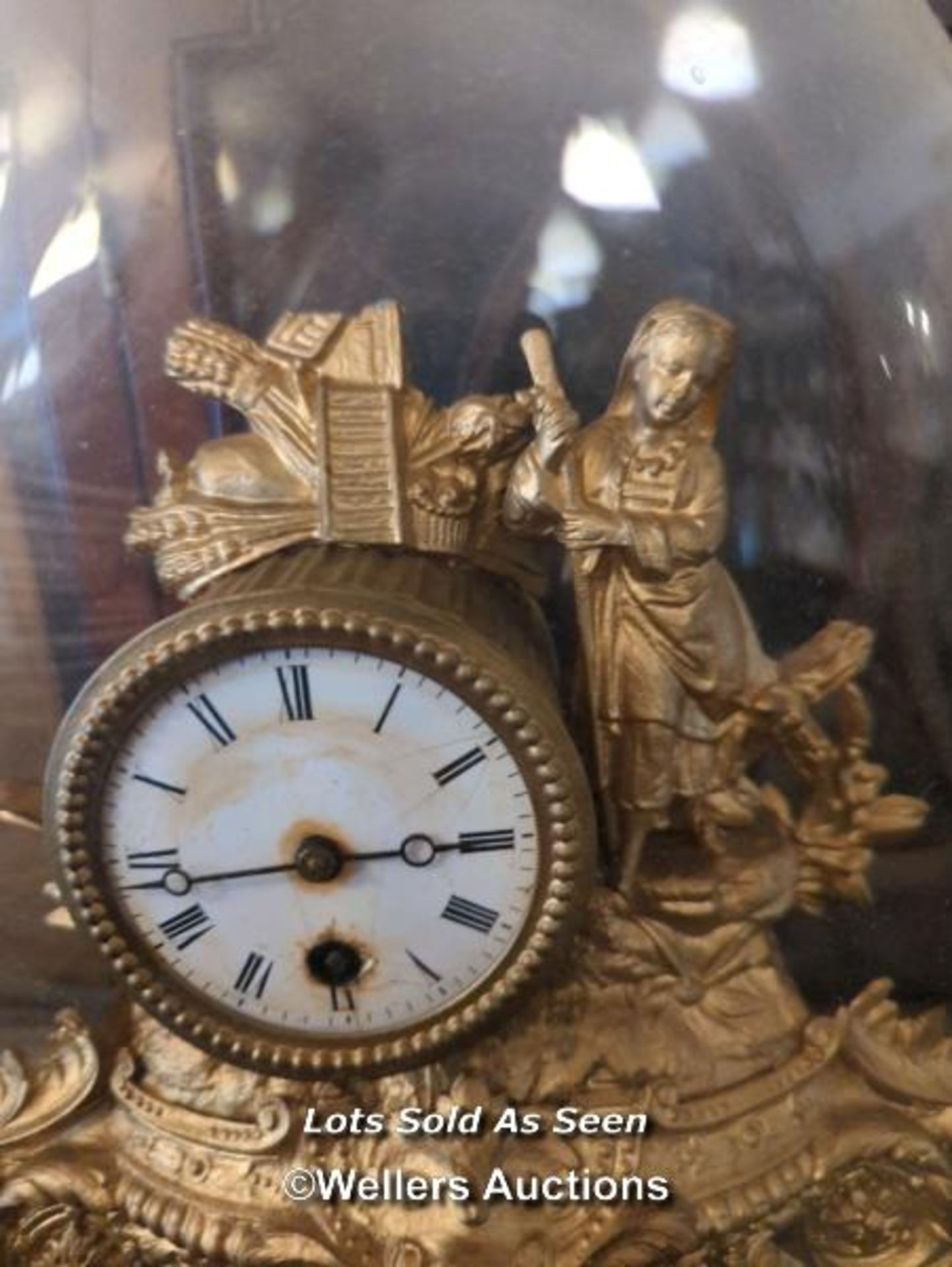 *FRENCH 19TH CENTURY GILT METAL CLOCK UNDER GLASS DOME, 35CM / LOCATED AT VICTORIA ANTIQUES, - Image 2 of 2