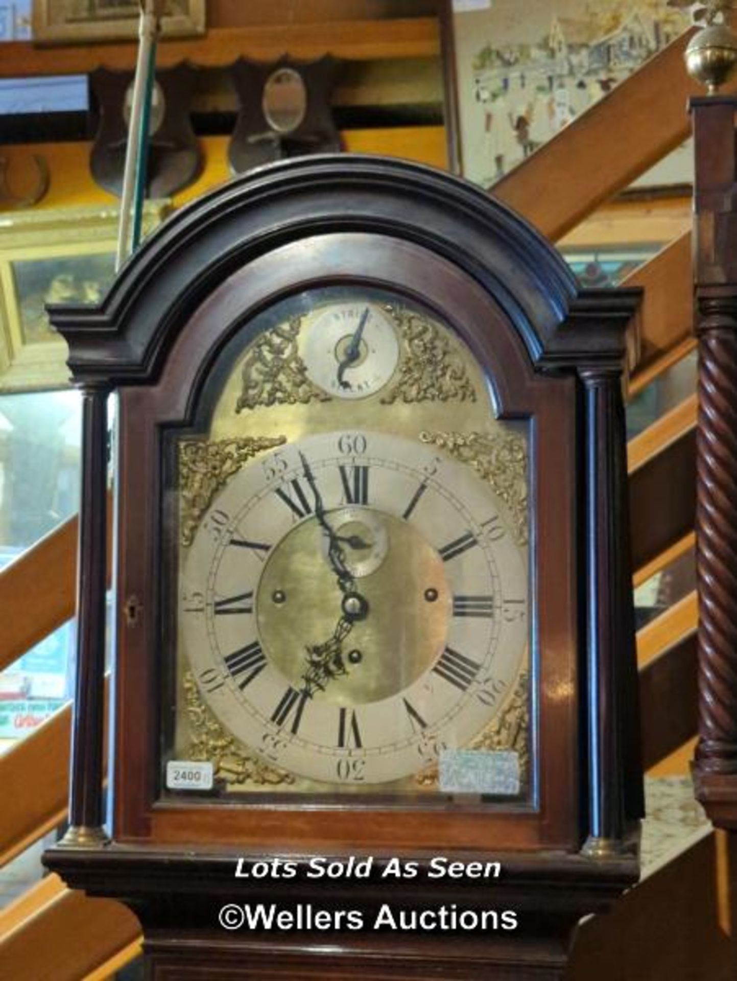*INLAID MAHOGANY 8 DAY LONGCASE CLOCK WITH STRIKING MOVEMENT, 206CM / LOCATED AT VICTORIA - Image 2 of 6