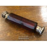 *VICTORIAN RUBY GLASS DOUBLE ENDED SCENT BOTTLE, SILVER PLATED ENDS / LOCATED AT VICTORIA