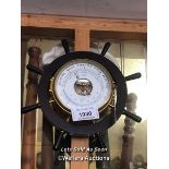 *SCHULZ COMPENSATED BAROMETER AND MATCHING CLOCK IN SHIP'S WHEEL SURROUND / LOCATED AT VICTORIA
